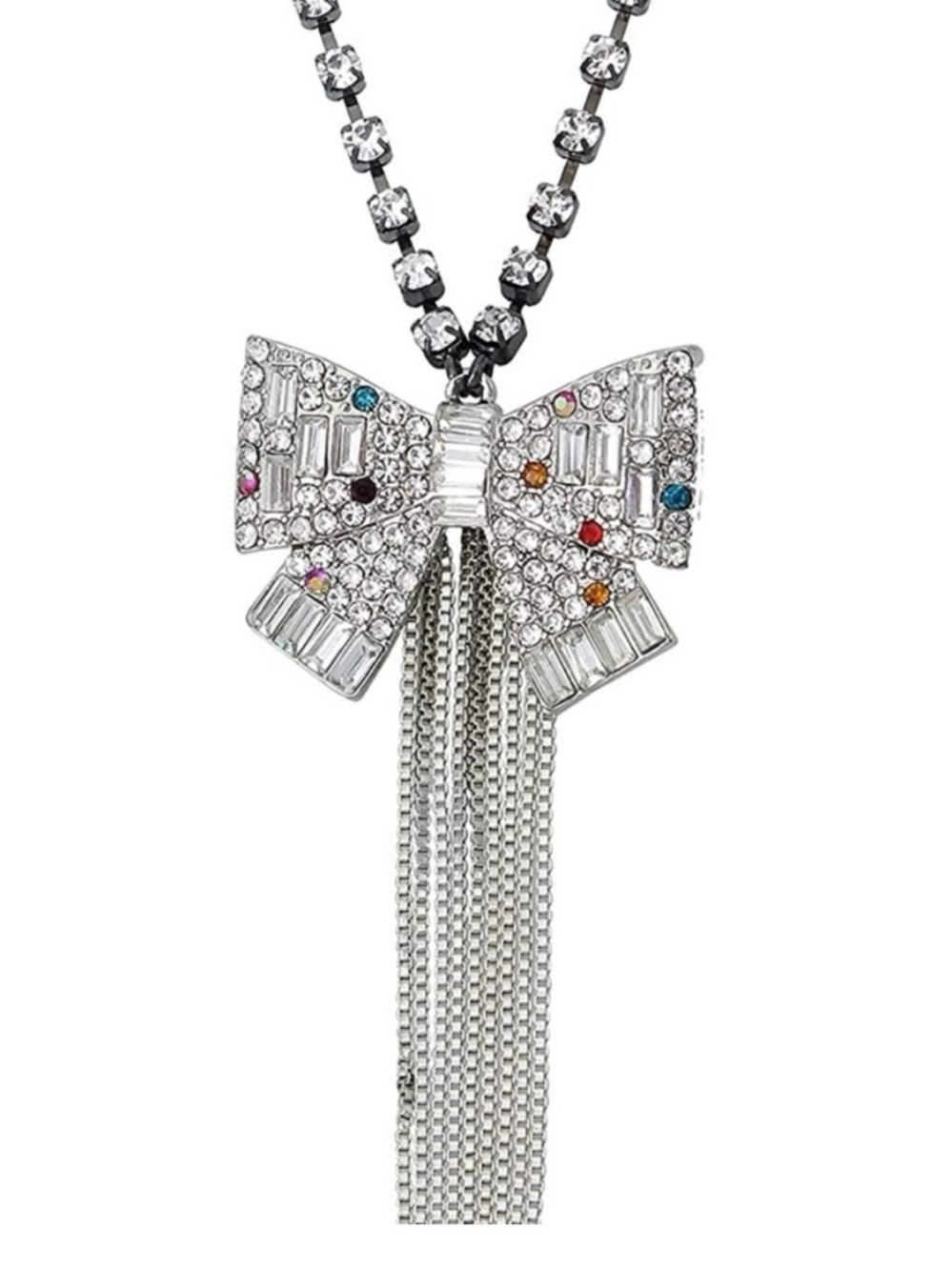 Betsey Johnson Silver Bow Tassel Pendant Necklace with Multicolor Rhinestones